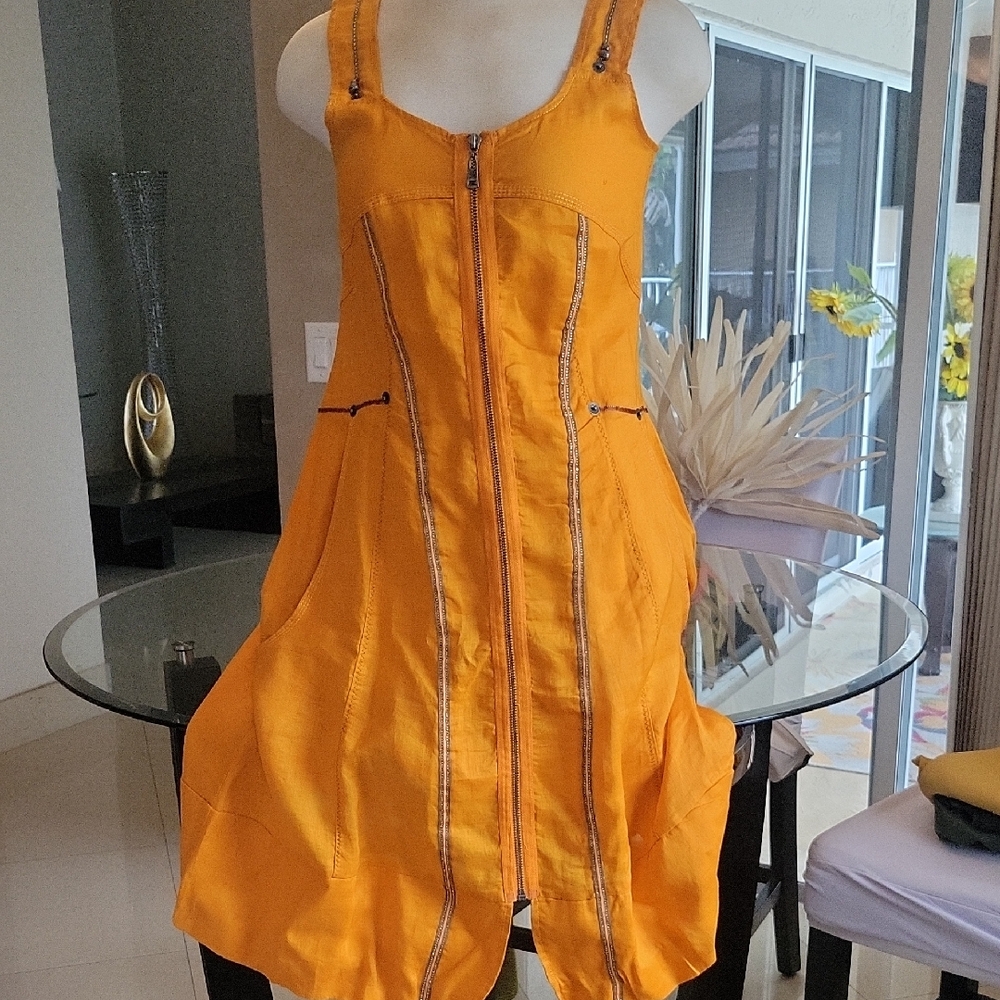 Zipper Front Orange Mini Dress